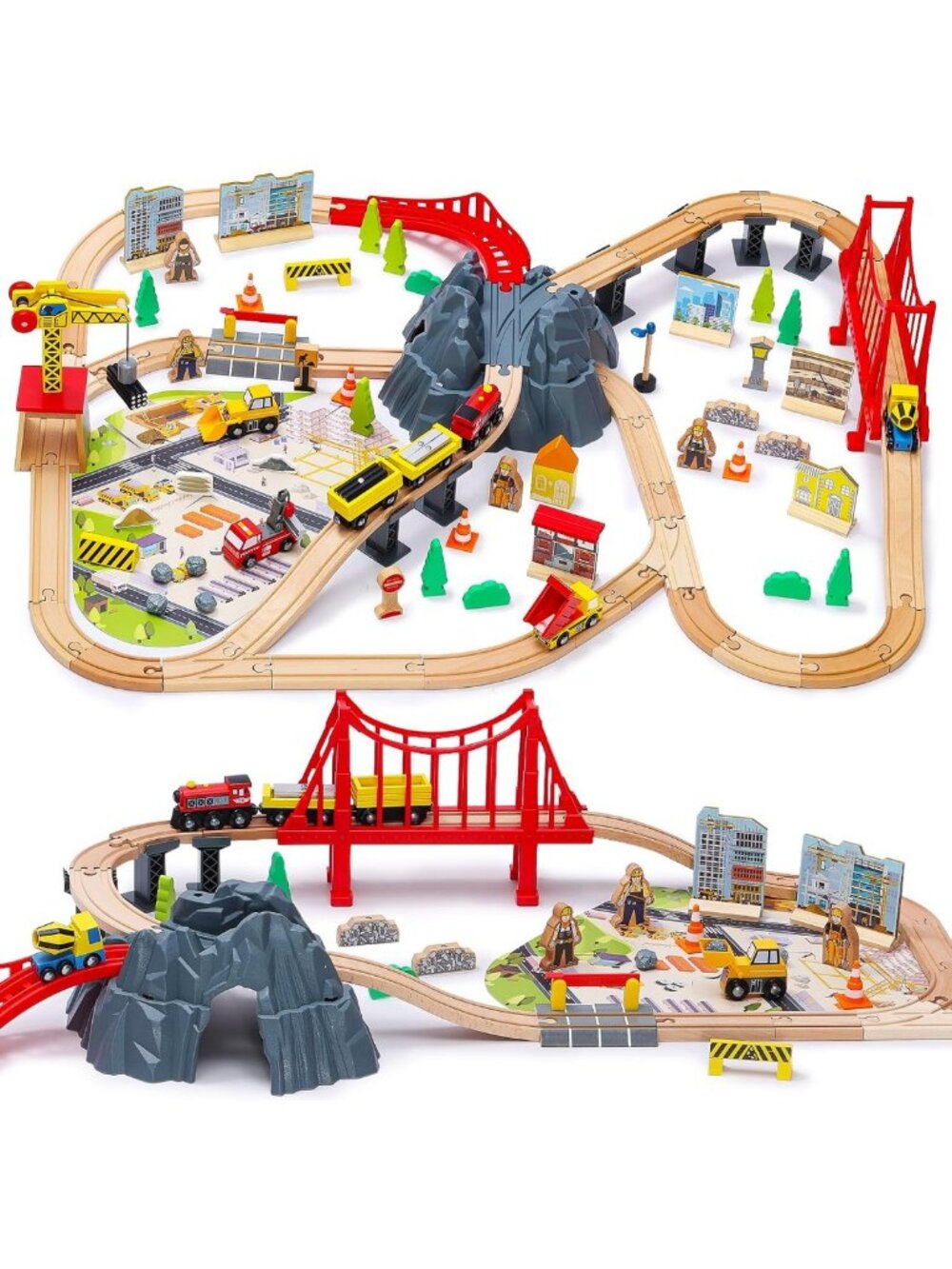 112PCS Wooden Train Set - Construction Theme Toy for Toddlers, Compatible Tracks
